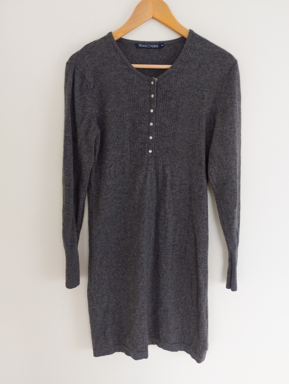 WoolOvers Charcoal Grey Merino Wool Cashmere Henley Knit Sweater Dress Medium